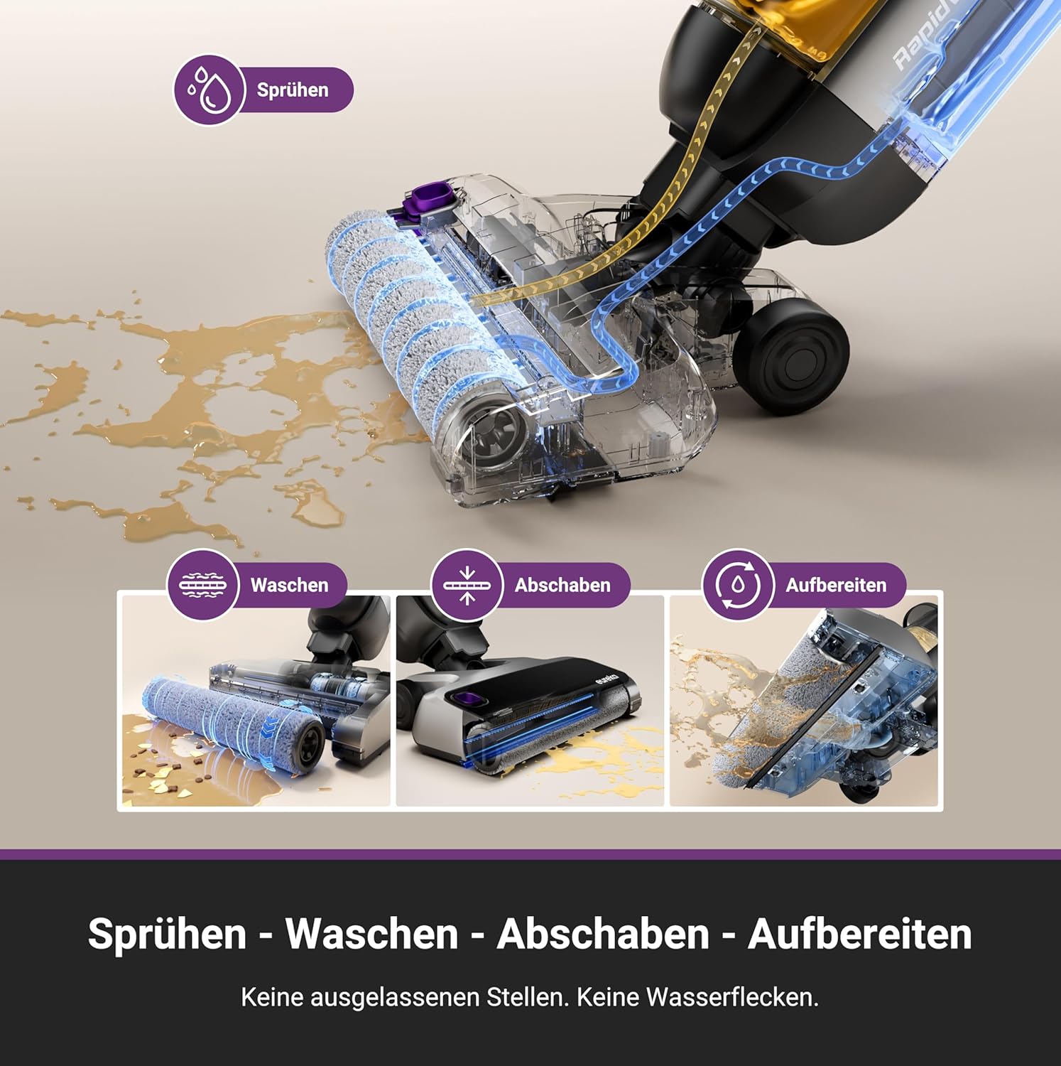 Eureka RapidWash NEW630 Nass Trockensauger Kabelloser Staubsauger mit 170° Neigung,60°C Heißlufttrocknung,21600 Pa Saugkraft,Saugwischer 38min,Selbstreinigung und Anti-Tangle für Hartböden,LED-Anzeige