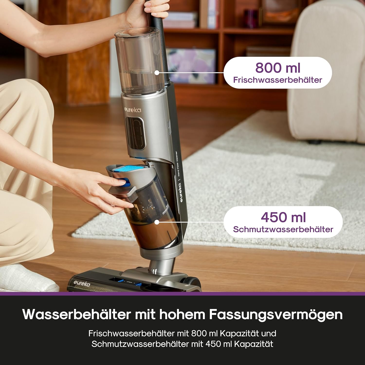 Eureka Rapidwash NEW430 Kabelloser Nass Trockensauger, Staubsauger mit Wischfunktion für mehrere Oberflächen, Tierhaare,LED-Display,Selbstreinigungs- und Trockenfunktion, Sprachnavigation