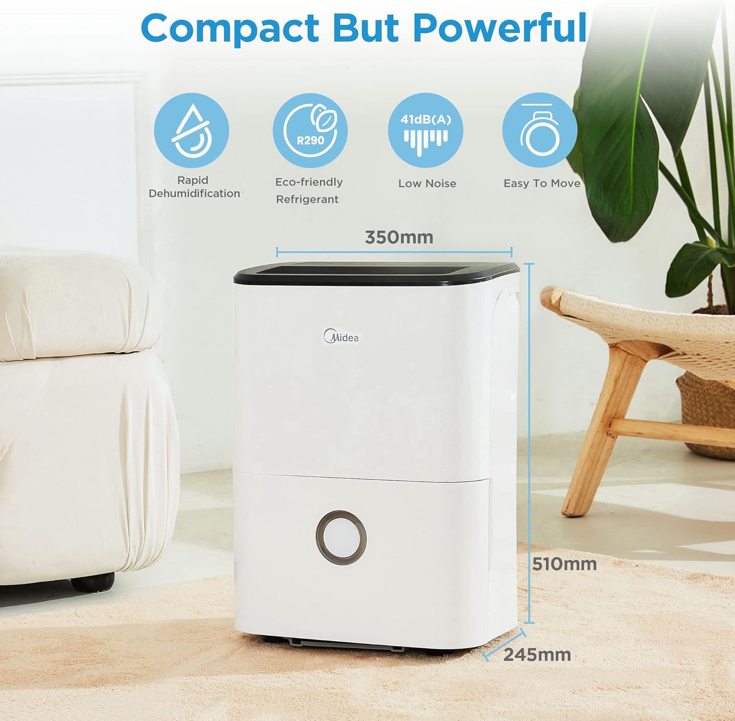 Midea Luftentfeuchter, 20L/24h, Raumgröße ca.100m³(40m²), DF-20DEN7-WF, APP-fähig, 24H Timer, Wassertank 3L, Weiß