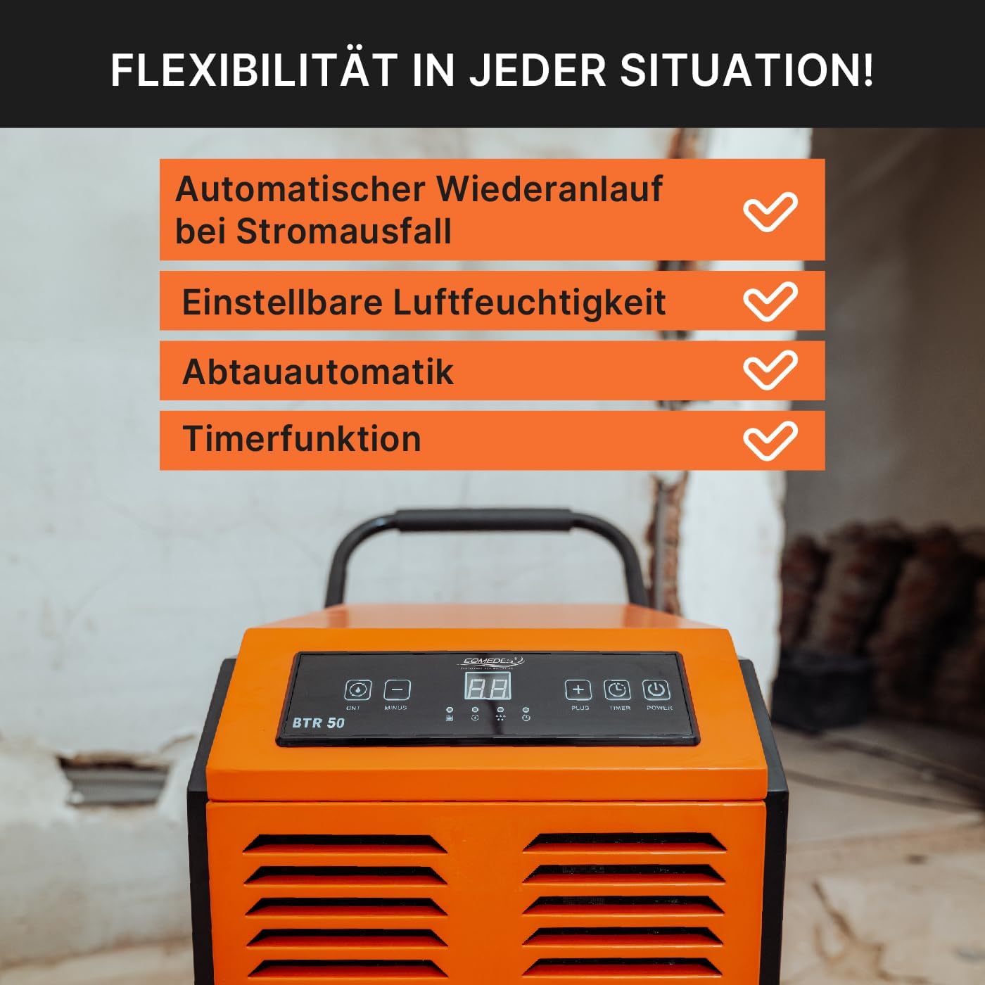 Comedes Bautrockner Luftentfeuchter BTR 50 (max. 51 Liter / 24h) Geeignet für Räume und Keller bis 100m² / 230m³