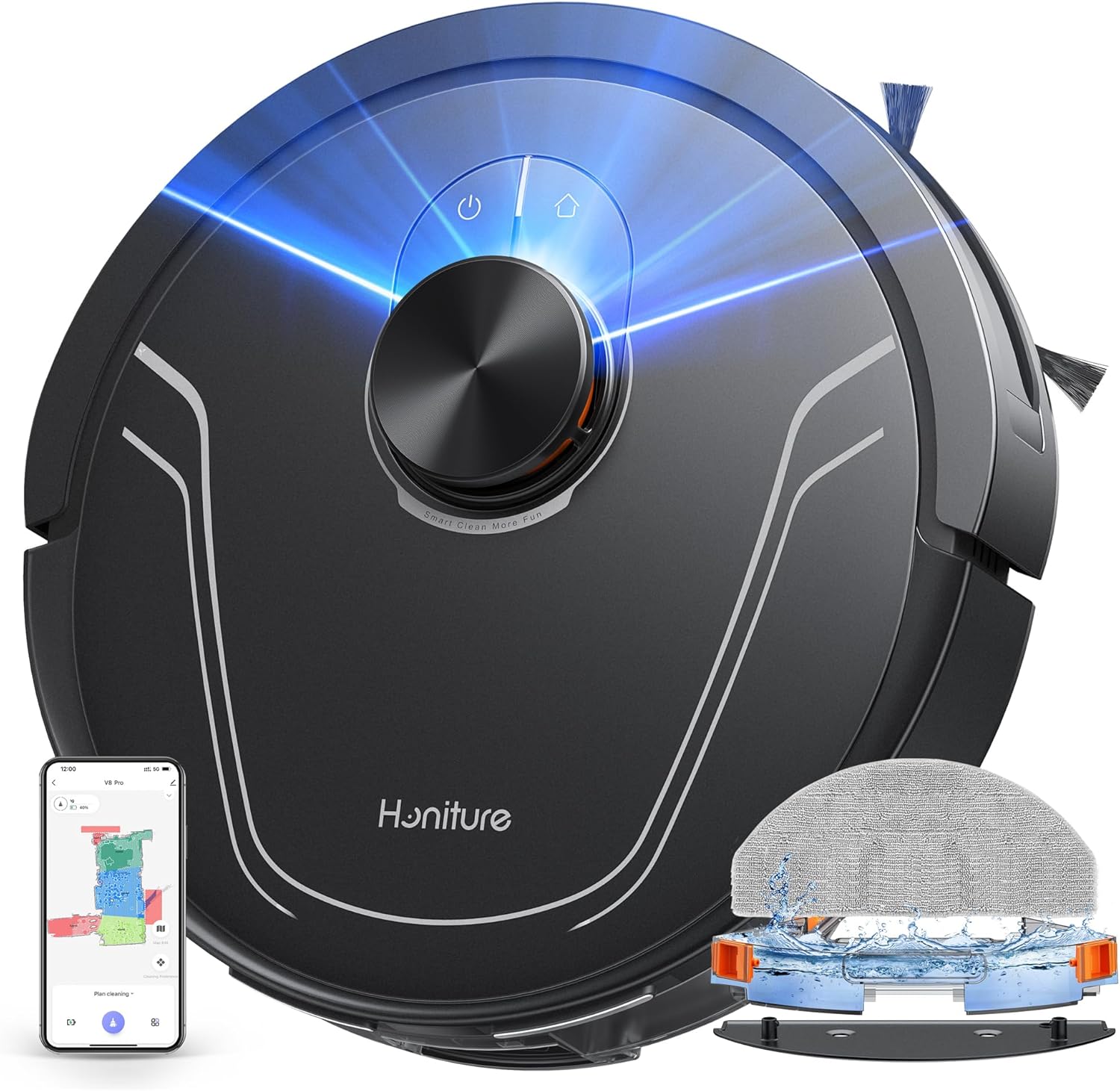 HONITURE Saugroboter mit Wischfunktion, 5000Pa Staubsauger Roboter,Karten speichern und bearbeiten,3-in-1-Roboterstaubsauger,APP/Alexa Steuerung,ideal für Hartböden und Teppiche mit Tierhaaren-V8 Pro