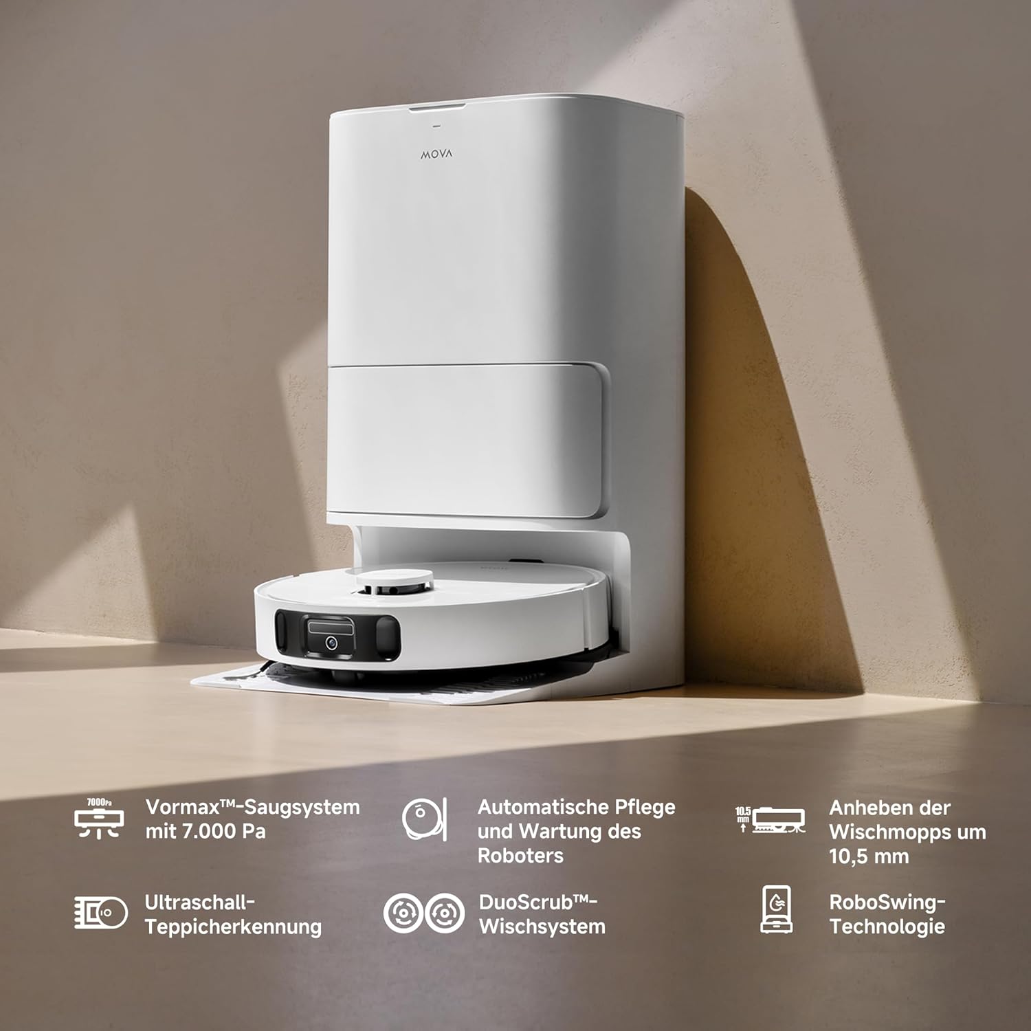 MOVA E30 Ultra Roboterstaubsauger und -wischer mit automatischer Entleerung und Selbstreinigung des Wischers, 7.000Pa Saugleistung, 10,5 mm Wischeranhebung,260 Min,Ultraschall-Teppicherkennung