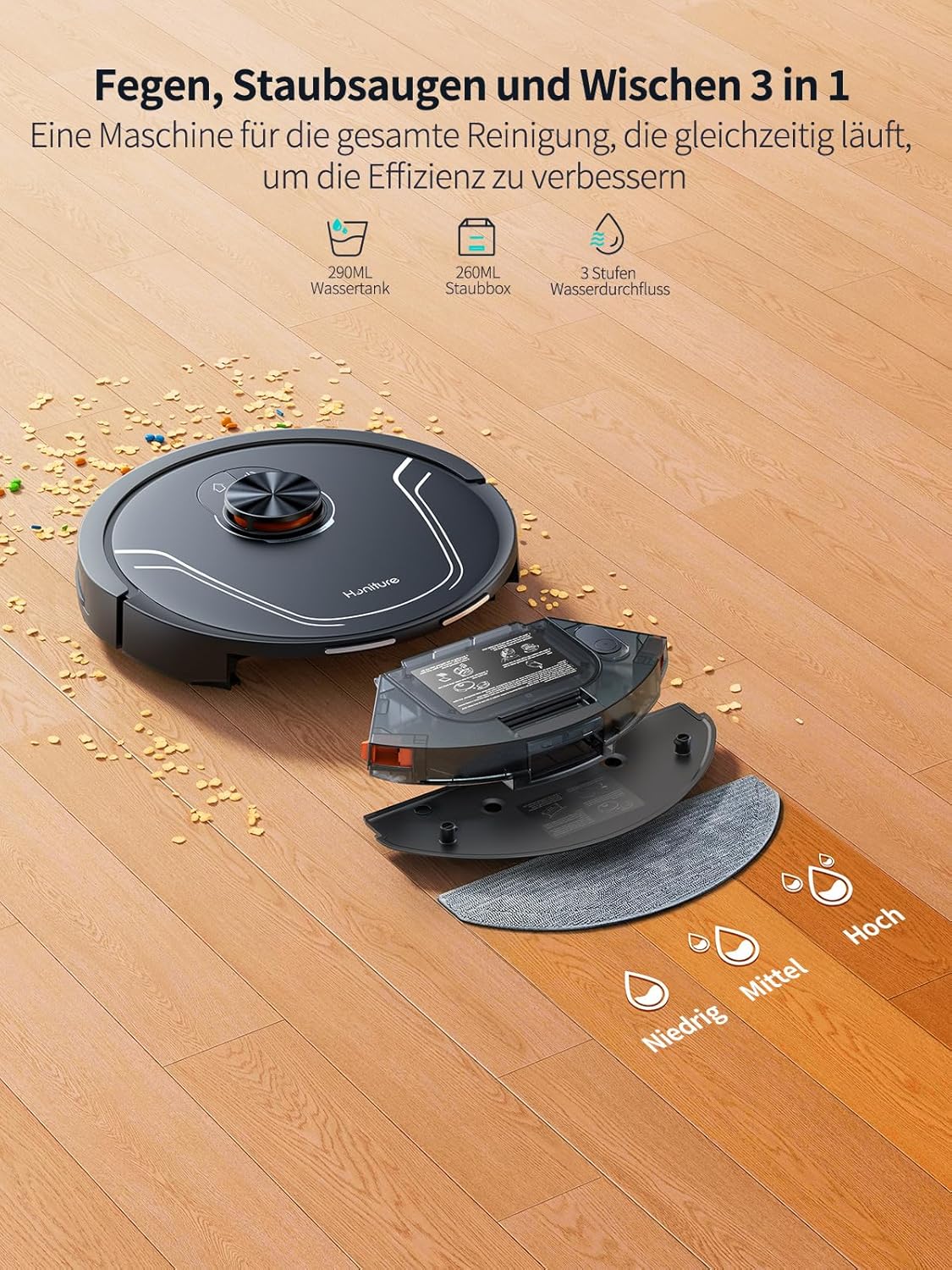 HONITURE Saugroboter mit Wischfunktion, 5000Pa Staubsauger Roboter,Karten speichern und bearbeiten,3-in-1-Roboterstaubsauger,APP/Alexa Steuerung,ideal für Hartböden und Teppiche mit Tierhaaren-V8 Pro