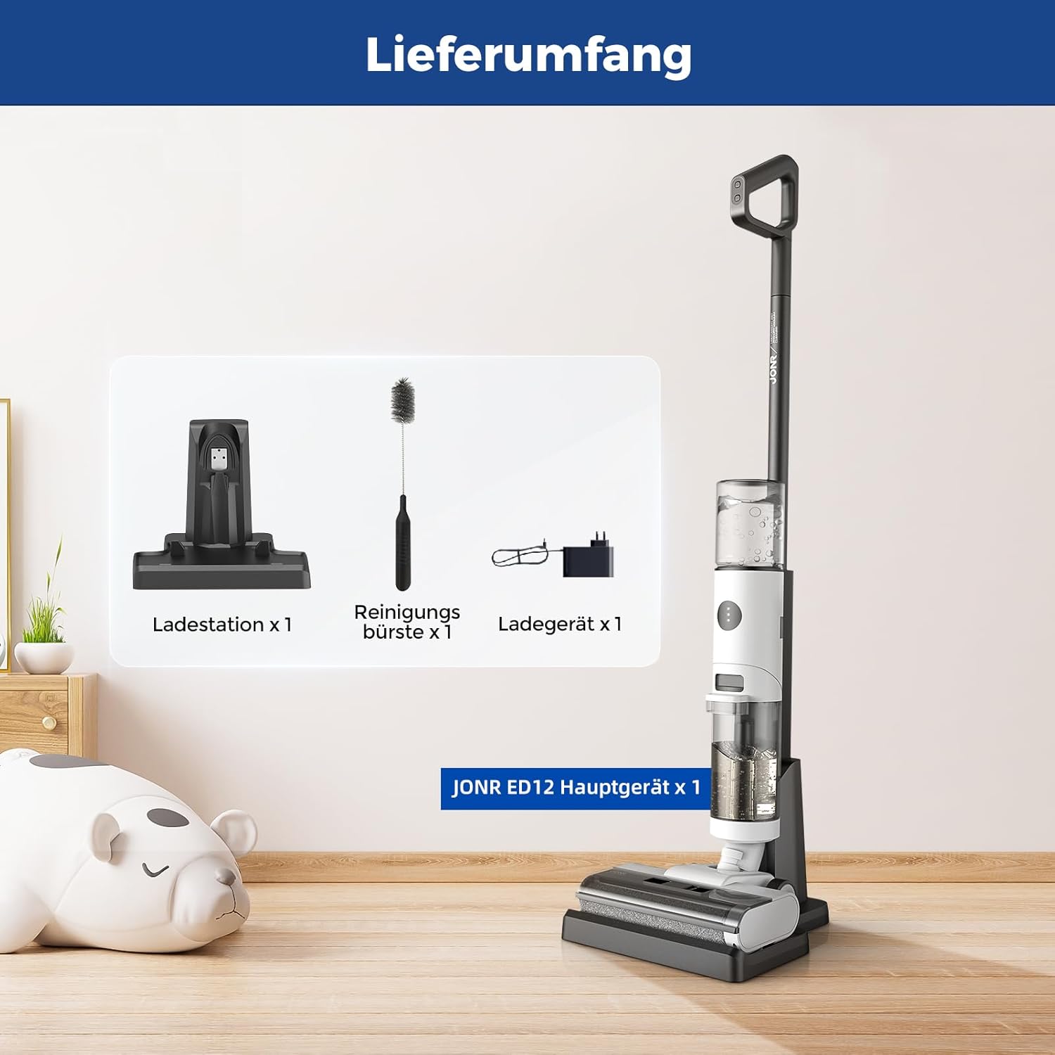 JONR ED12 Nass Trockensauger Akku, Kabelloser Nass Trocken Staubsauger Saugwischer Akku, Kantenreinigungsbürste 6mm, Selbstreinigung, 850mL Wassertank, Anti-Verwirrungs-Haar für Hartböden, Tierhaare
