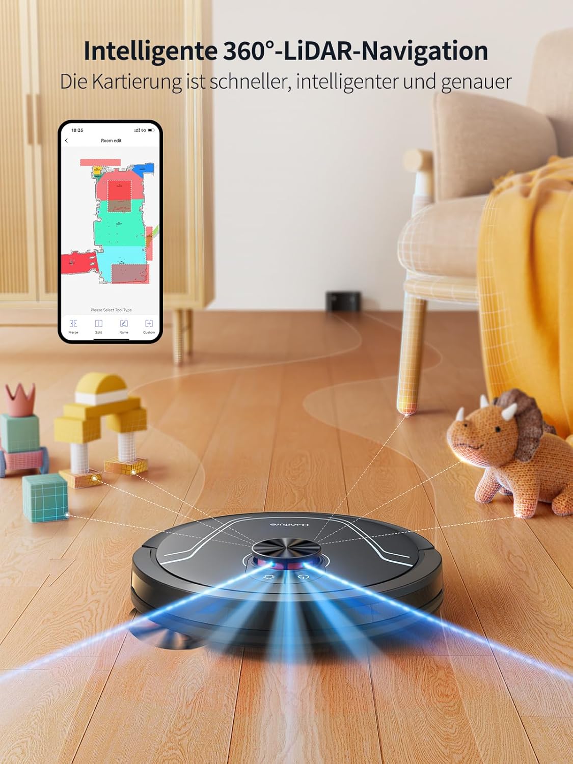 HONITURE Saugroboter mit Wischfunktion, 5000Pa Staubsauger Roboter,Karten speichern und bearbeiten,3-in-1-Roboterstaubsauger,APP/Alexa Steuerung,ideal für Hartböden und Teppiche mit Tierhaaren-V8 Pro