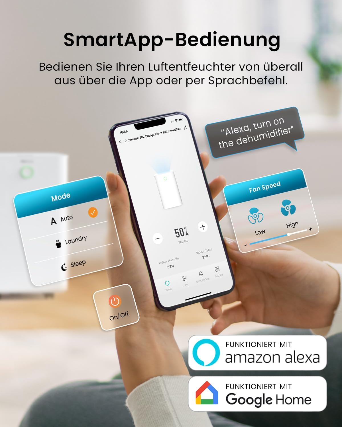 Pro Breeze Luftentfeuchter mit App & WLAN, 20L in 24h Entfeuchtungsleistung - Luftentfeuchter elektrisch mit Wäschemodus, Feuchtigkeitssensor, Timer - Gegen Schimmel - Entfeuchter Dehumidifier