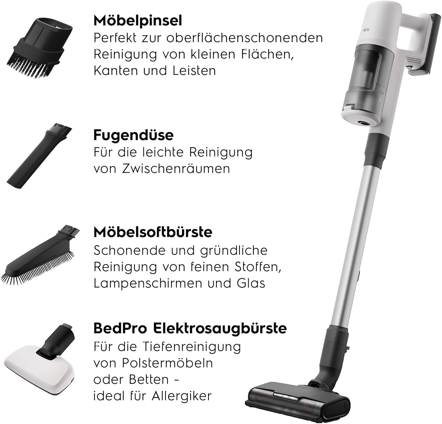 AEG Serie 6000 Akku-Staubsauger / Kabellos / Alle Böden / bis zu 99% Staubaufnahme / bis zu 50 min Laufzeit / Einfache Handhabung / Entnehmbarer 21,6V Akku / Leicht / inkl Zubehör / Weiß / AP61HB21SH