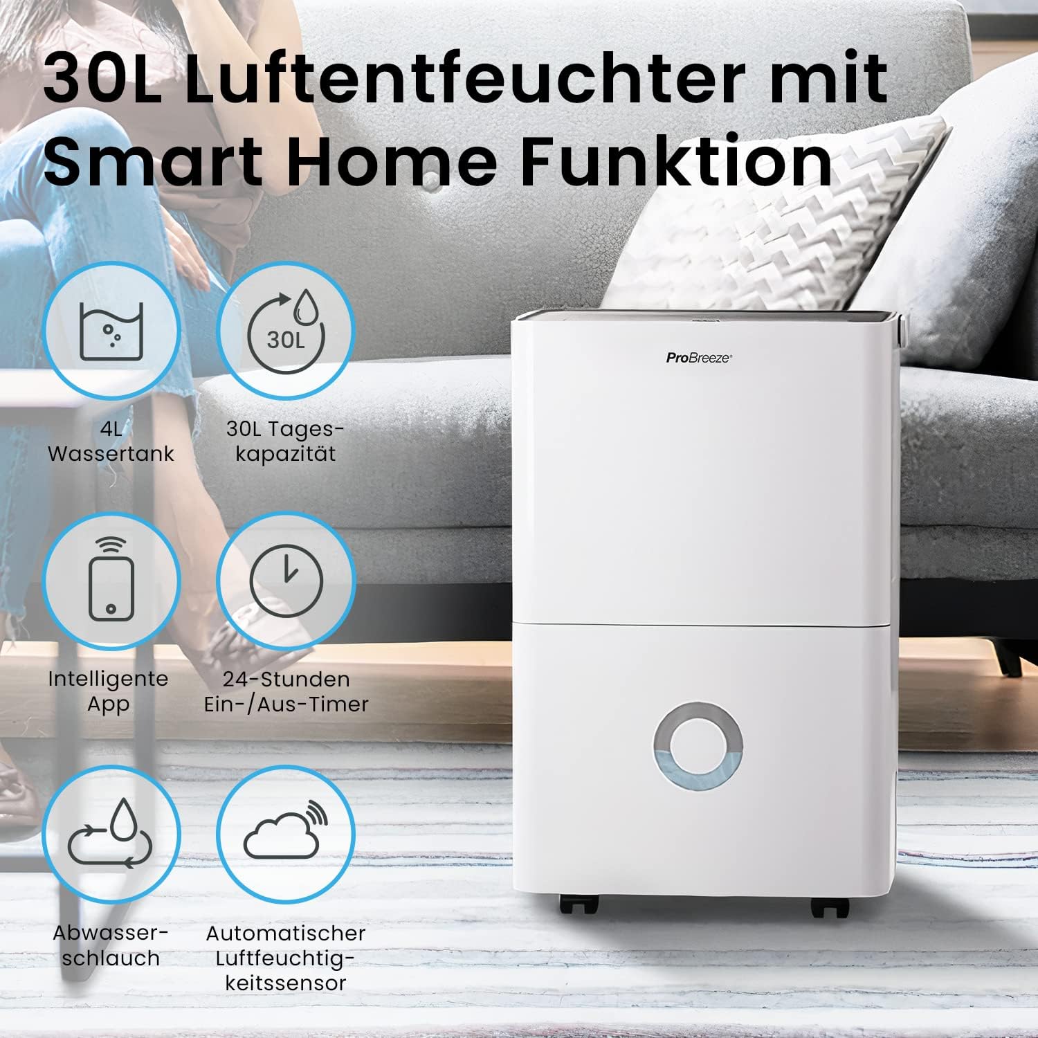 Pro Breeze Luftentfeuchter 30L in 24h Entfeuchtungsleistung - Elektrischer Luftentfeuchter mit WLAN & App - Feuchtigkeitssensor, 4L Wassertank, Timer, Ablaufschlauch - Gegen Feuchtigkeit, Schimmel