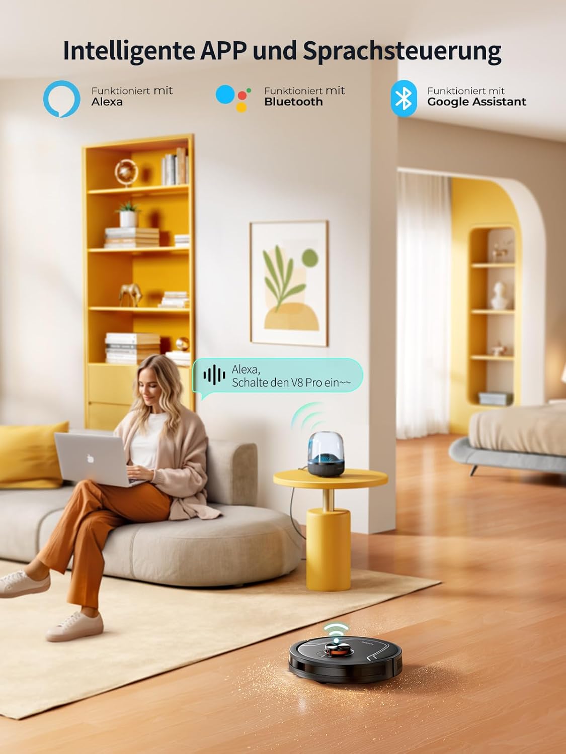 HONITURE Saugroboter mit Wischfunktion, 5000Pa Staubsauger Roboter,Karten speichern und bearbeiten,3-in-1-Roboterstaubsauger,APP/Alexa Steuerung,ideal für Hartböden und Teppiche mit Tierhaaren-V8 Pro