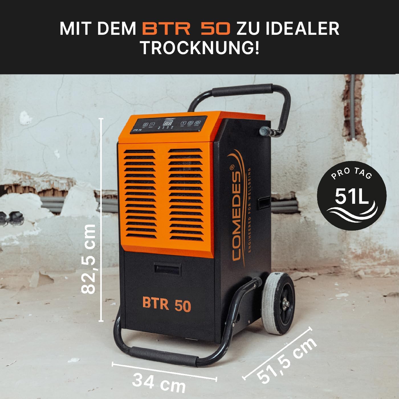 Comedes Bautrockner Luftentfeuchter BTR 50 (max. 51 Liter / 24h) Geeignet für Räume und Keller bis 100m² / 230m³
