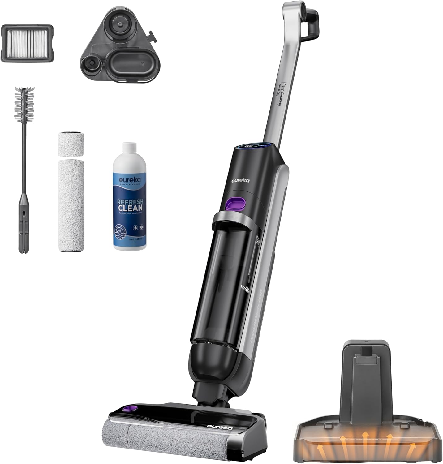 Eureka RapidWash NEW630 Nass Trockensauger Kabelloser Staubsauger mit 170° Neigung,60°C Heißlufttrocknung,21600 Pa Saugkraft,Saugwischer 38min,Selbstreinigung und Anti-Tangle für Hartböden,LED-Anzeige
