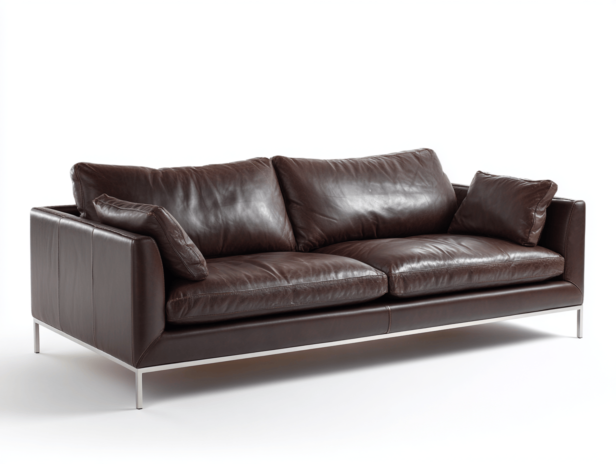 Canapé 3 places cuir marron foncé – style moderne – avec deux coussins et deux oreillers déco – pieds métal chromé – assise fixe sans bouton visible - 2025