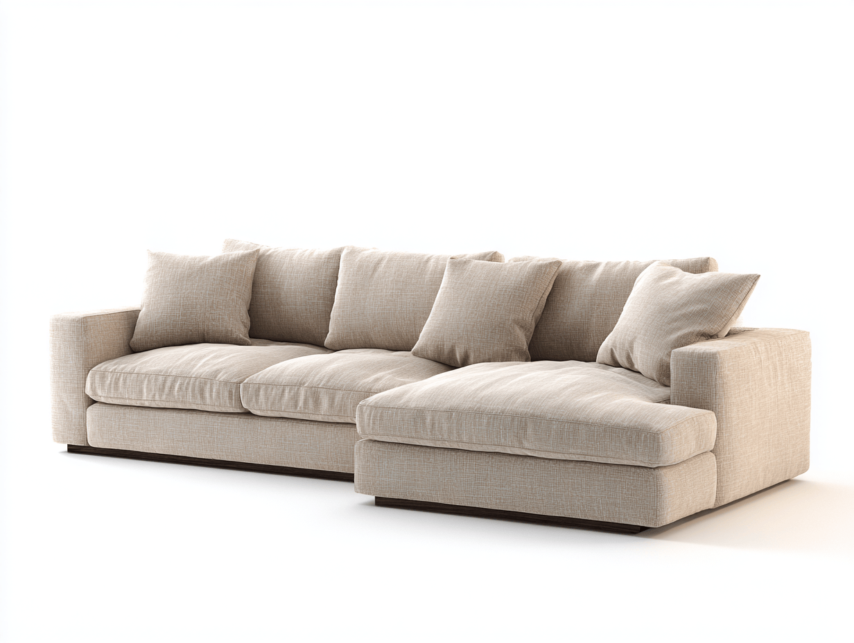 Canapé d'angle 3 places en tissu beige – avec méridienne intégrée – coussins inclus - 2025