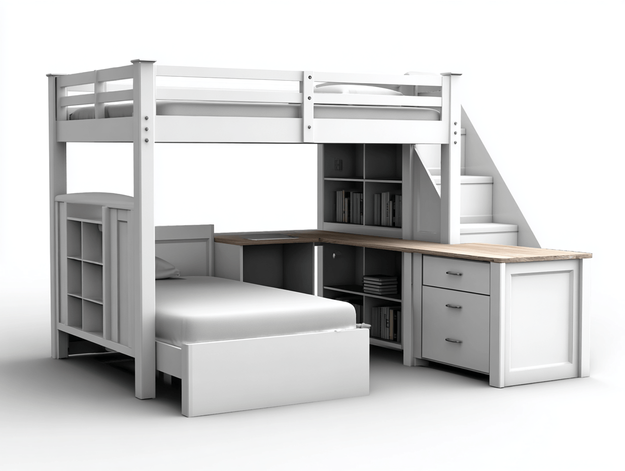 Lit enfant mezzanine en L – bois blanc – avec escalier bureau et rangements intégrés