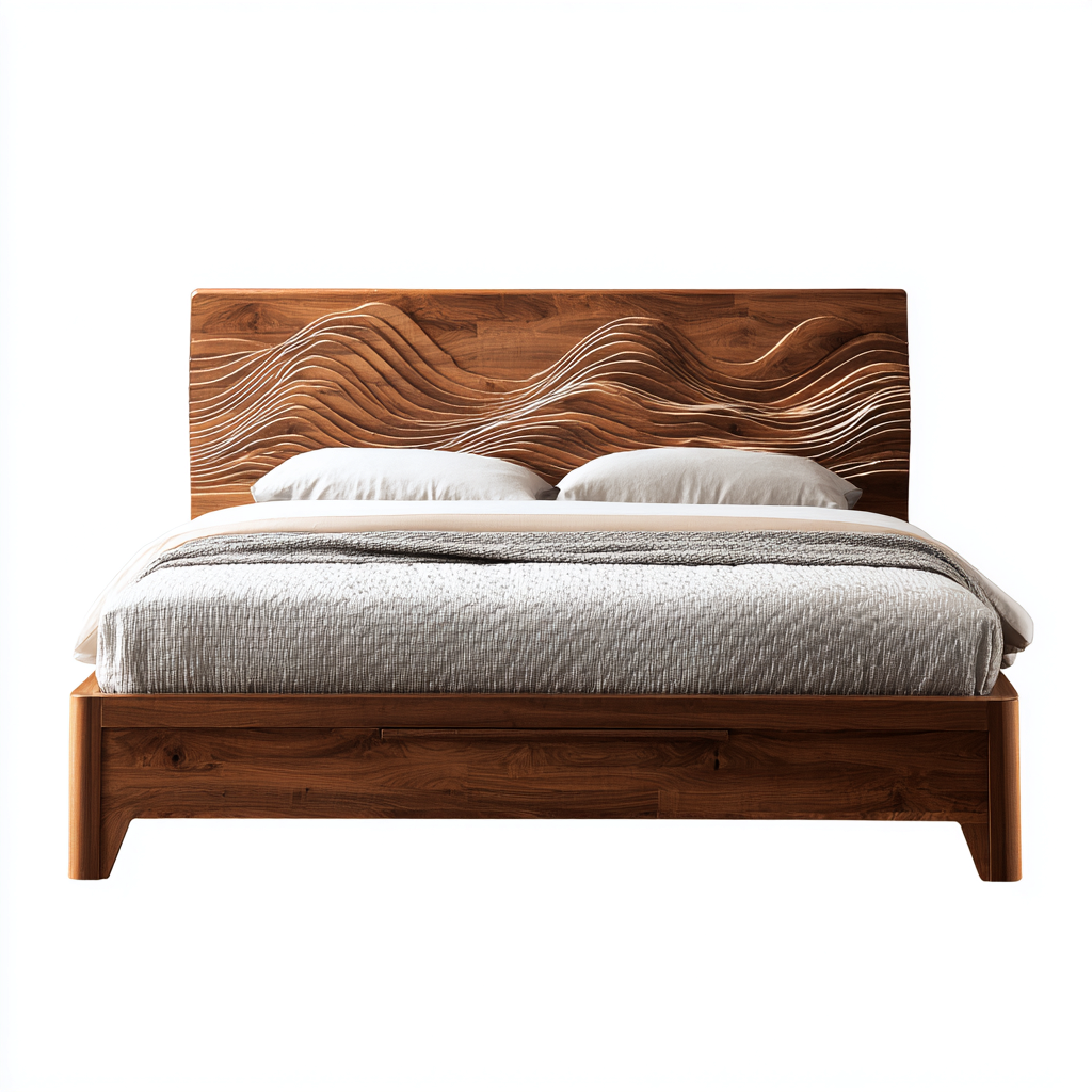 Lit double en bois massif 180x200x110 cm - noyer - t&ecirc;te de lit design ondul&eacute;