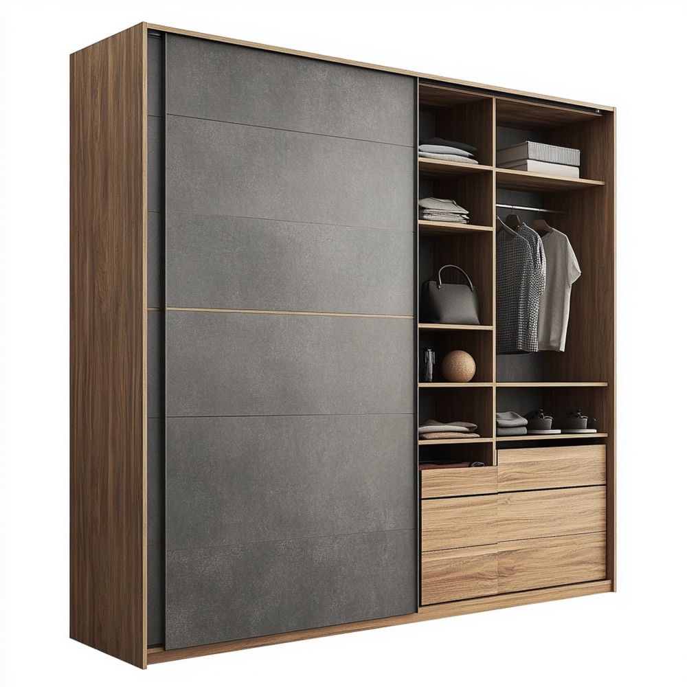 Armoire à Portes Coulissantes 240x220x60cm Bois Placard Gris/Bruin Cha