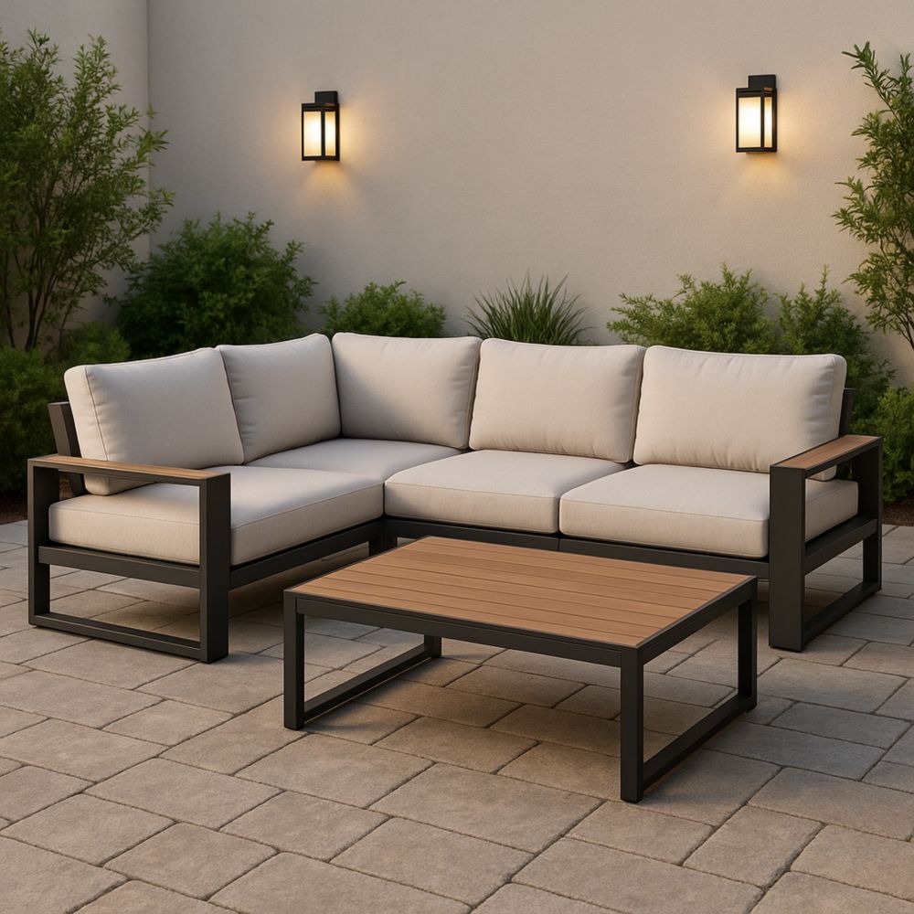 Gartensofa-Set L-förmig Aluminium Beige Kissen Teakholz Tisch