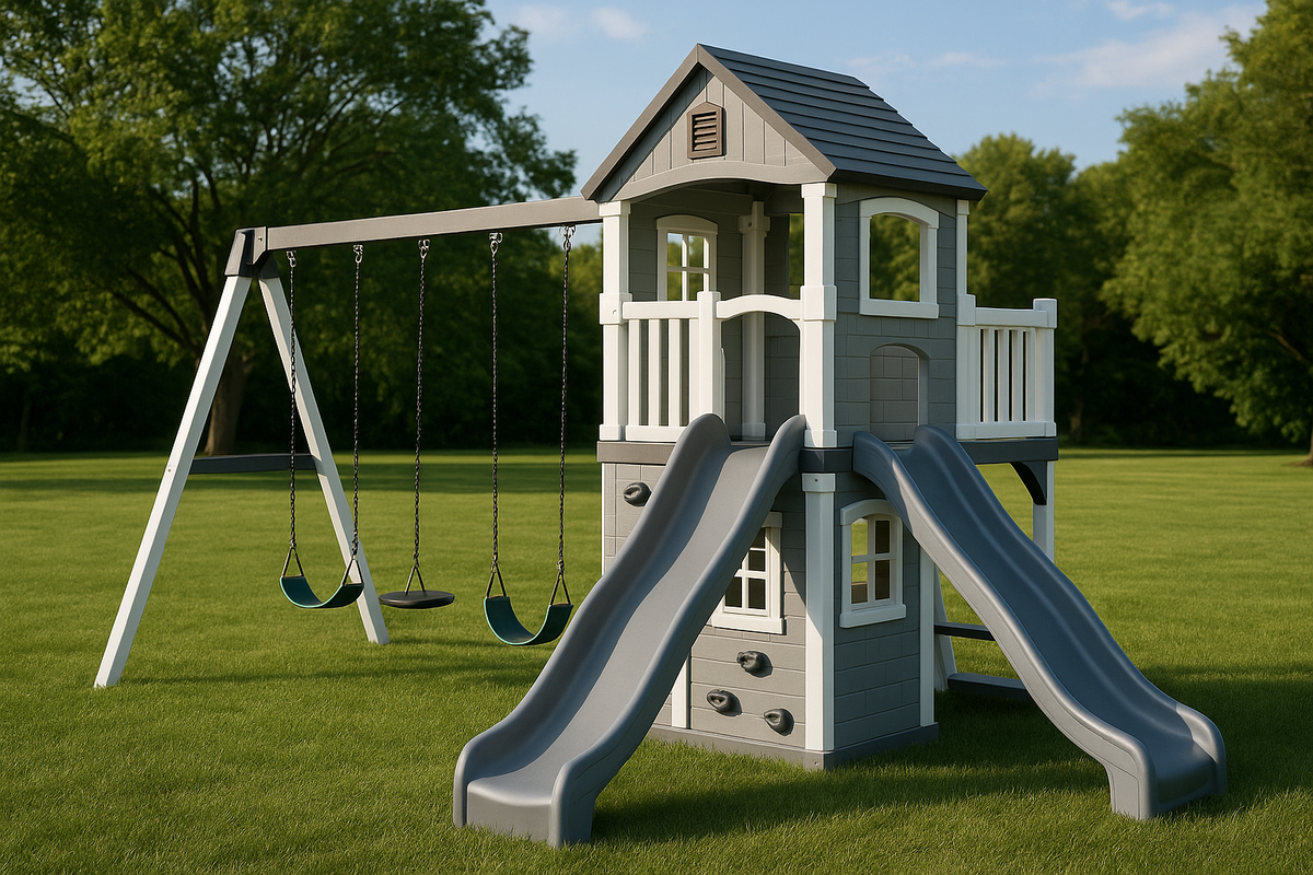 Cabaña de juegos infantil madera jardín con tobogán columpios gris parque aire libre