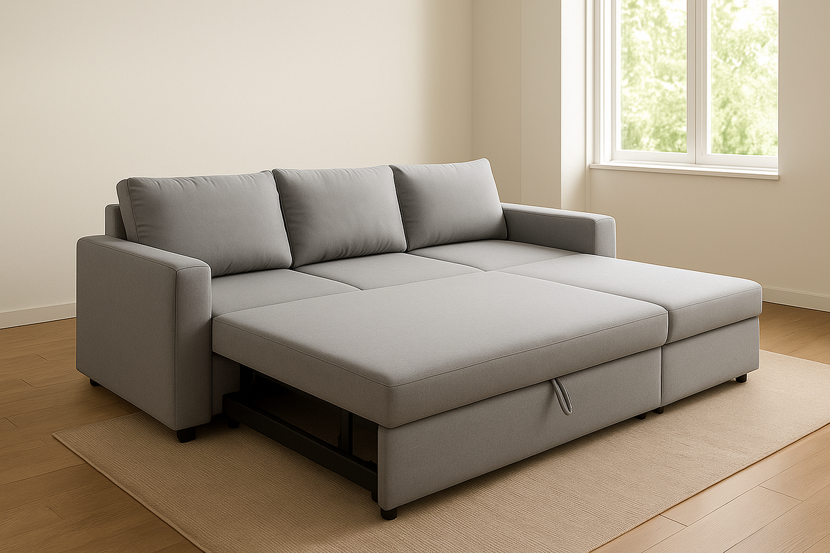 Sofá cama gris funcional para sala de estar con dimensiones 220x150x90 cm