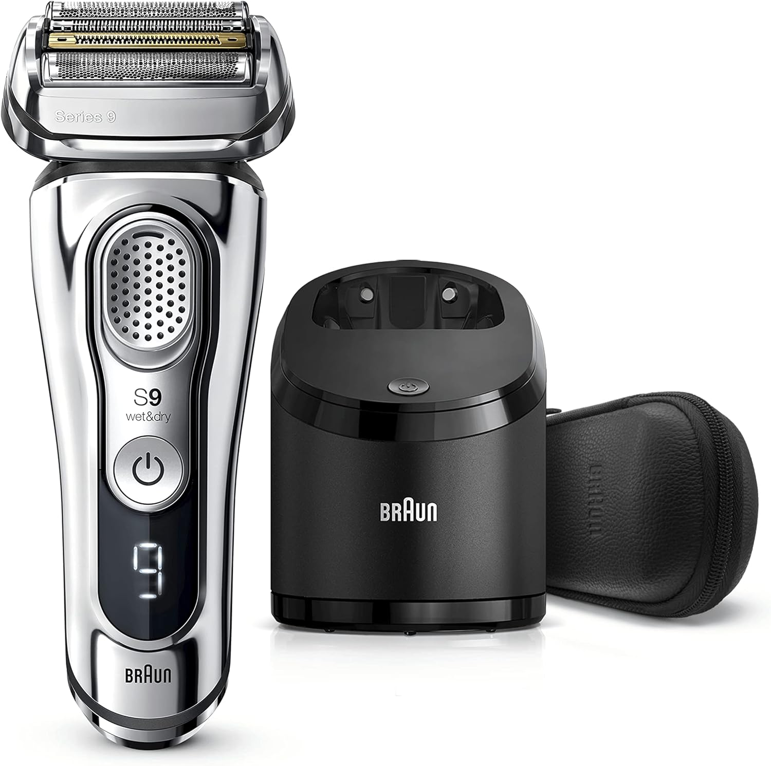 Braun Series 9 9395cc Dernière Génération, Rasoir Électrique Barbe Homme, Station Clean&Charge, Étui Cuir, Chrome, Idée Cadeau Homme
