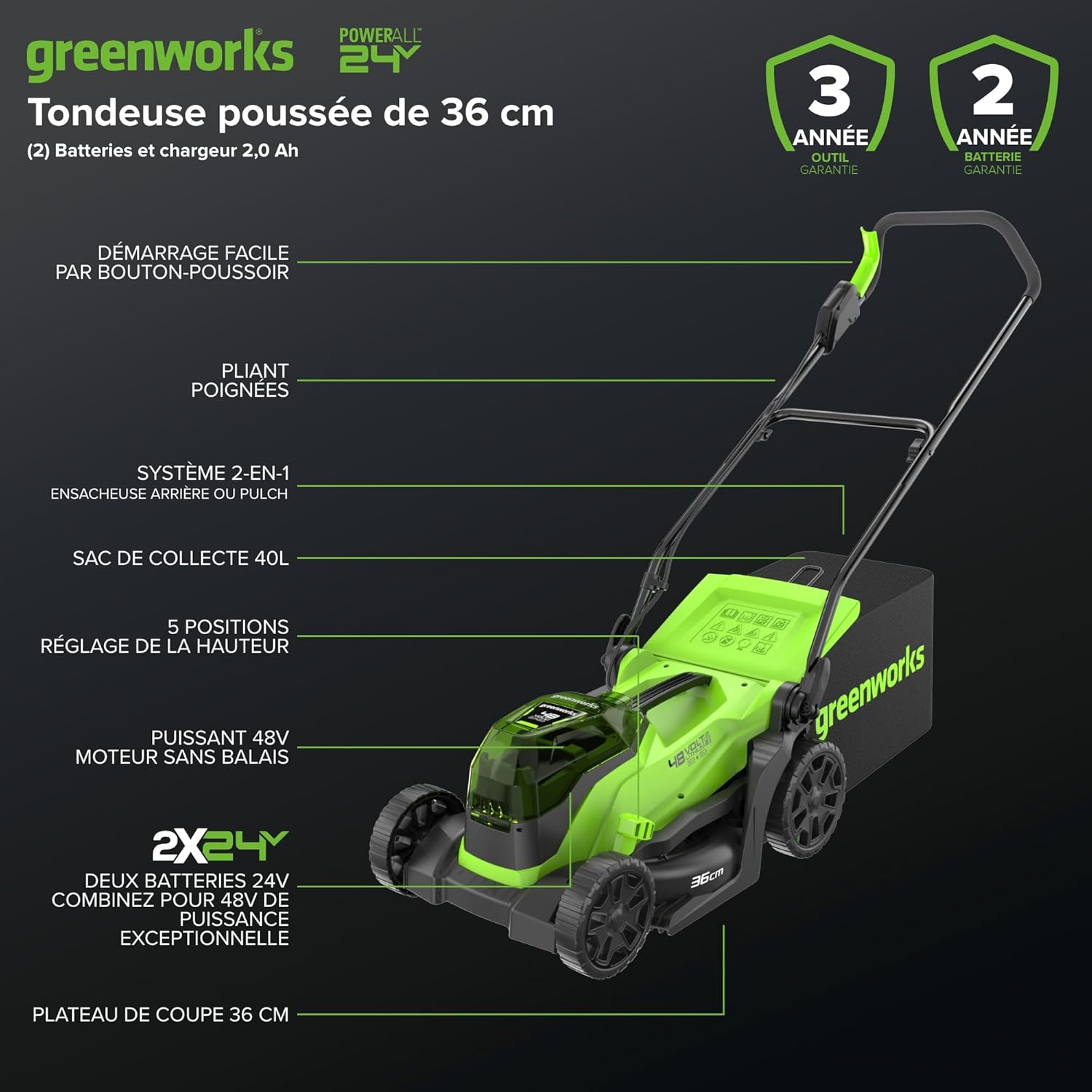 Greenworks 48V (24V x 2) Tondeuse à gazon sans fil , 36cm largeur jusqu'à 200m² ,40L Sac de Ramassage avec batterie 2x2Ah et chargeur à double fente, Garantie 3 Ans, GD24X2LM36K2x