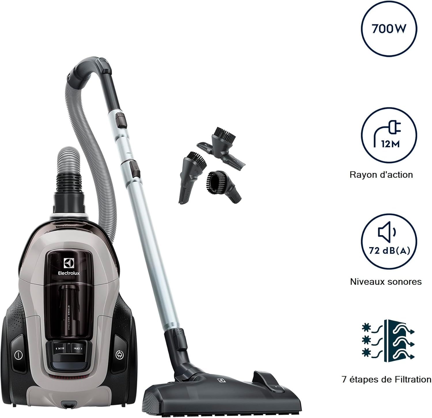 Electrolux Pure C9, Aspirateur Traineau sans Sac, Aspiration Puissante, 7 étapes de Filtration, Poignée Flexible avec Variateur de Flux d'air, Accessoires 3 en 1 Clipsés sur Poignée, PC91-4MG, Gris