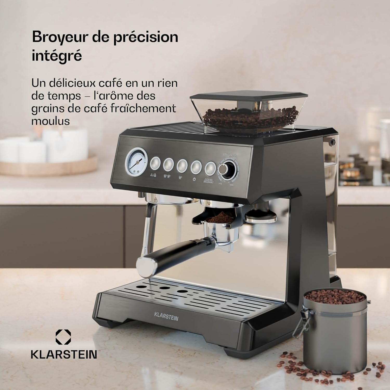 Klarstein GrandPresso Machine à Café Grain – 20 Bars, 1350W, Moulin Intégré, Buse Vapeur, Réservoir 2.3L, Noir, Cafetière à Grain avec Broyeur, Design Compact, Facile à Nettoyer